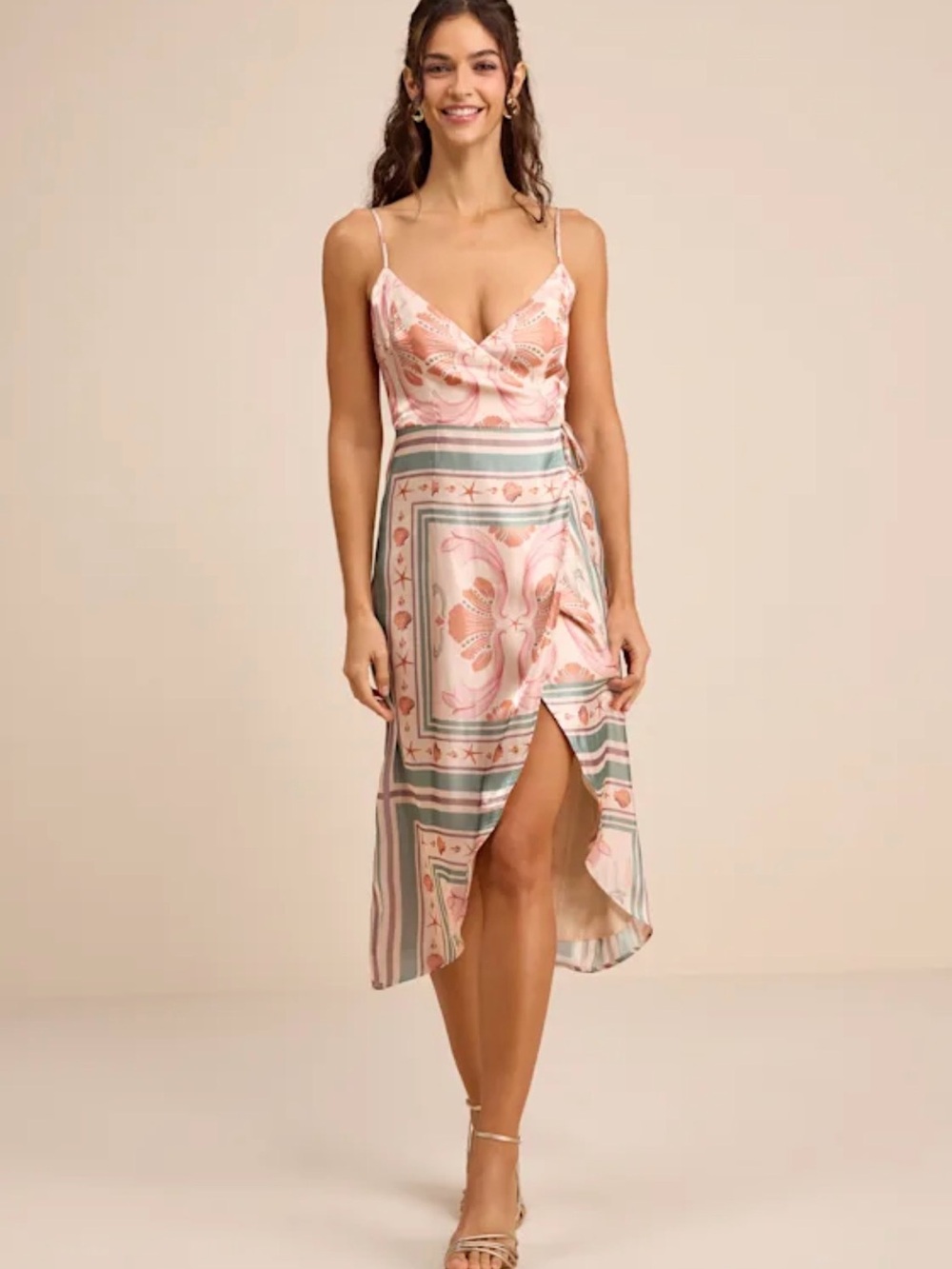 Lulus Bensley Beige Multi Boho Print Satin Wrap Midi Dress